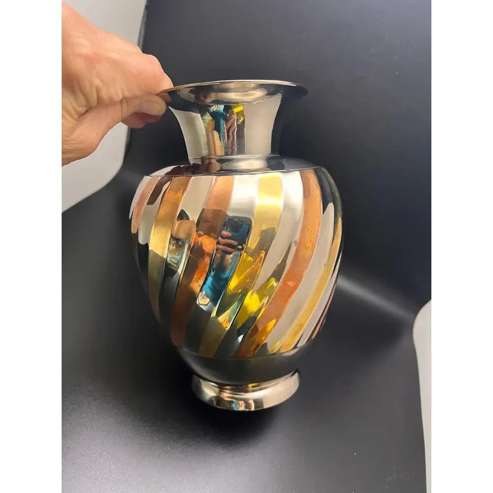 Vintage brass mixed metal vase swirl stripes MCM India Hollywood regency